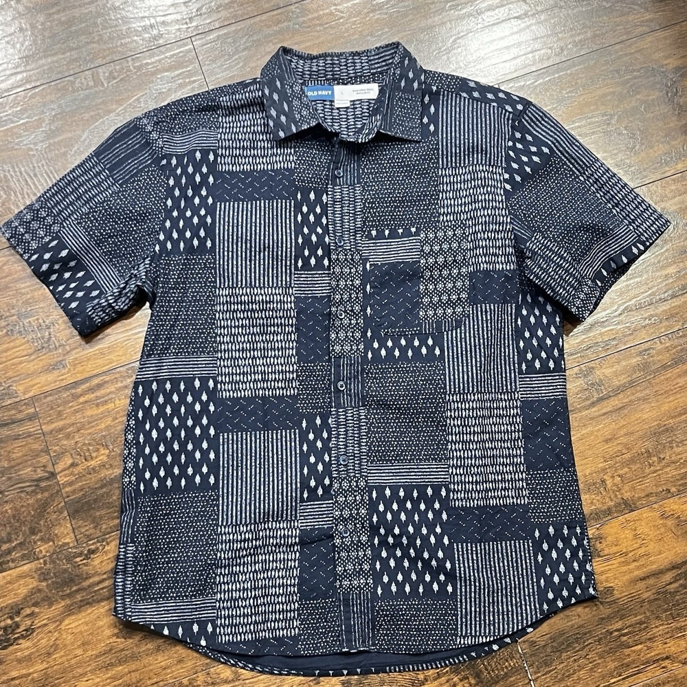 Old Navy Men's Blue Patchwork Cotton Regular Fit Button-Down Shirt, Men's Large